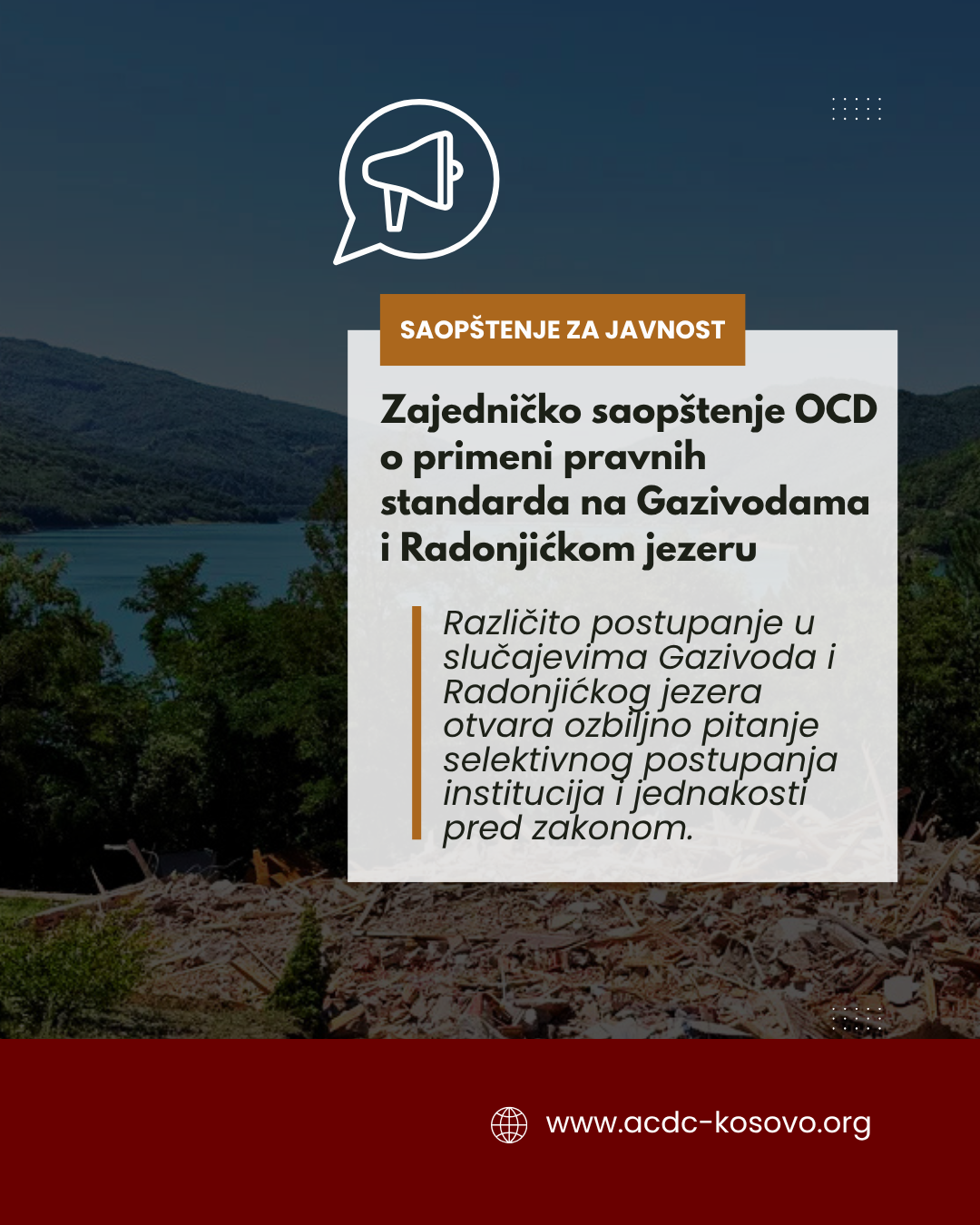 Saopštenje organizacija civilnog društva povodom različitog postupanja pri uklanjanju objekata na Gazivodama i Radonjićkom jezeru