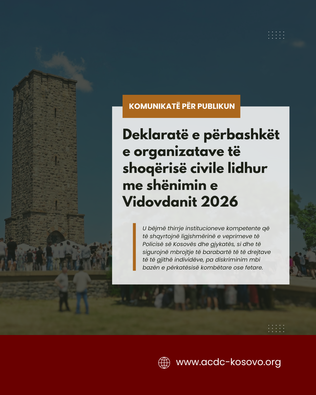 KOMUNIKATË PËR PUBLIKUN lidhur me shënimin e Vidovdanit 2026