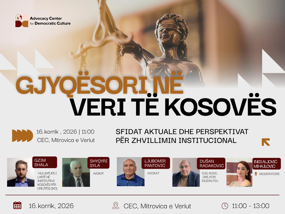Gjyqësori në Veri të Kosovës: Sfidat Aktuale dhe Perspektivat për Zhvillimin Institucional" 16 korrik 2026 | 
