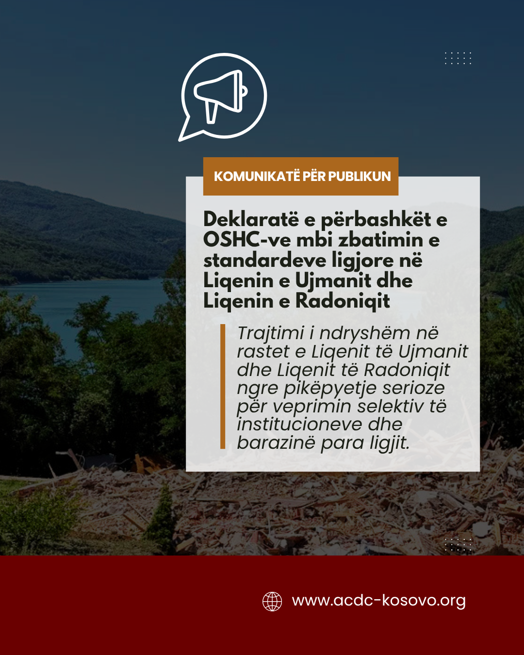 Deklaratë e organizatave të shoqërisë civile lidhur me trajtimin e ndryshëm gjatë largimit të objekteve në Liqenin e Ujmanit dhe Liqenin e Radoniqit
